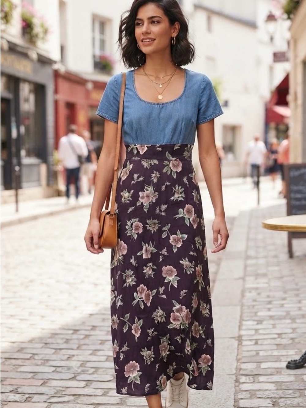 Metropolitan New York Vintage Denim Floral Silky Maxi Dress 90s Retro Boho Chic